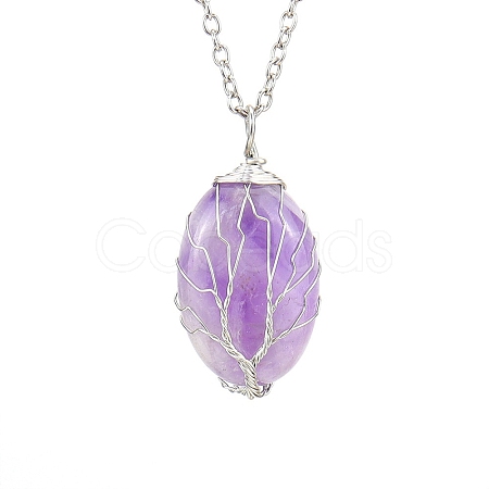 Natural Amethyst Oval Pendant Necklace with Platinum Alloy Chains PW-WG98341-08-1