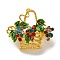 Fashion Golden Zinc Alloy Enamel Pins, Rhinestones Brooches for Backpack Clothes, Flower Basket, 29x32.5mm