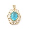 Brass Micro Pave Clear Cubic Zirconia Pendants, with Glass, Oval, Real 18K Gold Plated, Deep Sky Blue, 26x21.5x7mm, Hole: 4.5x3mm