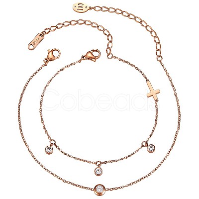 2Pcs 2 Style Flat Round Cubic Zirconia Charm Anklet with Cross JA195A-1