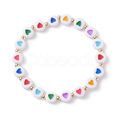 Heart Pattern Flat Round Acrylic Beads Stretch Bracelet for Kid BJEW-JB07215-1