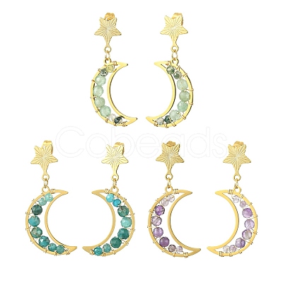 3 Pair 3 Style Natural Mixed Gemsotne Beaded Moon & Star Dangle Stud Earrings EJEW-TA00320-1