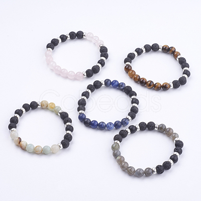 Natural Lava Rock and Gemstone Stretch Bracelets BJEW-JB03634-1