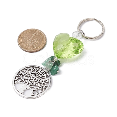 Tree of Life Alloy & Natural Green Aventurine Chips Pendant Keychain KEYC-JKC00594-1