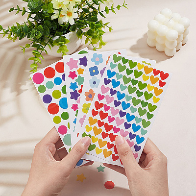 GOMAKERER 4 Bags 4 Styles Flat Round & Flower & Star & Heart Colorful Self-Adhesive Paper Gift Tag Stickers AJEW-GO0001-03-1