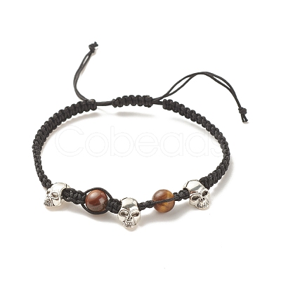 3Pcs Natural Tiger Eye & Lava Rock & Synthetic Turquoise Braided Bead Bracelets Set with Alloy Skull BJEW-JB08114-01-1