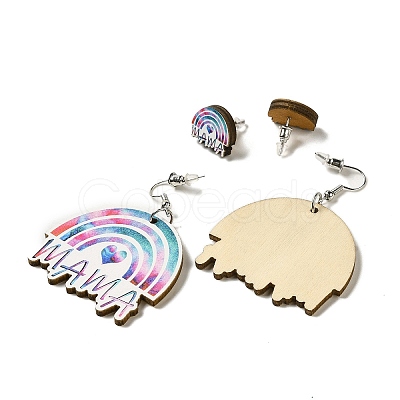 Mother's Day Theme Rainbow with Word Mama Wood Studs & Dangle Earrings Set SJEW-K002-05-1