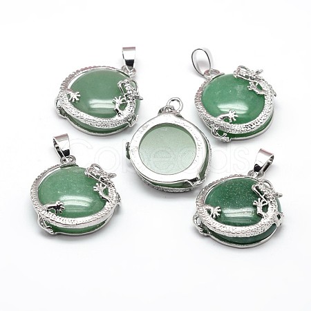 Flat Round with Dragon Platinum Plated Brass Natural Green Aventurine Pendants G-F228-24C-RS-1