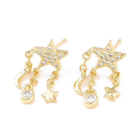 Clear Cubic Zirconia Moon and Star Dangle Stud Earrings EJEW-K090-01G-1