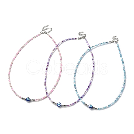 3Pcs 3 Color Alloy Enamel Evil Eye & Seed Beaded Necklaces Set NJEW-JN04355-1