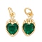 Brass Inlaid Clear Cubic Zirconia Charms, Real 18K Gold Plated, Lead Free & Cadmium Free, Heart, Dark Green, 14x7x4mm, Hole: 3mm