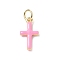 Real 18K Gold Plated Eco-Friendly Rack Plating Brass Enamel Pendants, Long-Lasting Plated, with Jump Rings, Lead Free & Cadmium Free, Cross Charm, Pearl Pink, 15x8x3mm, Hole: 3.4mm