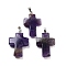 Natural Amethyst Pendants, Religion Cross Charms with Rack Plating Platinum Tone Brass Snap on Bails, 35x23x9mm, Hole: 7x4mm