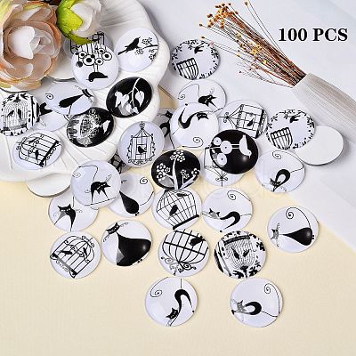 100Pcs Retro Black and White Picture Glass Cabochons GGLA-SZ0001-29-1