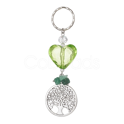 Tree of Life Alloy & Natural Green Aventurine Chips Pendant Keychain KEYC-JKC00594-1