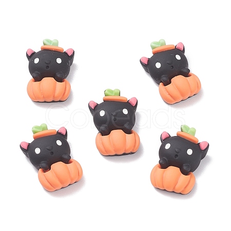 Cat with Pumpkin Opaque Resin Cabochons RESI-F031-04-1