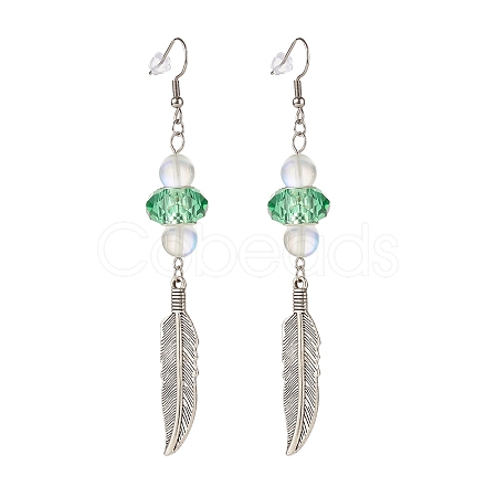 Feather with Round Beads Long Dangle Earrings for Girl Women EJEW-JE04681-02-1