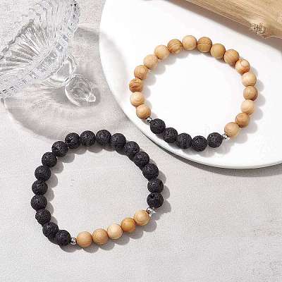 Natural Lava Rock & Wooden Round Beaded Stretch Bracelet BJEW-JB10075-02-1