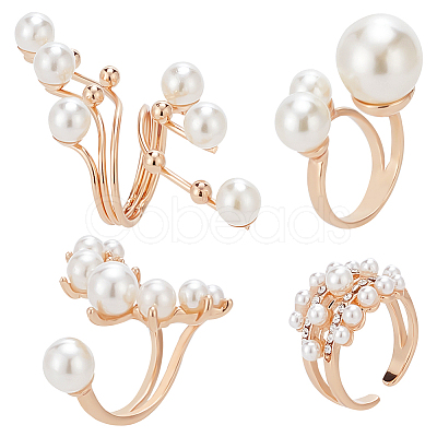 ANATTASOUL 4Pcs 4 Styles Plastic Imitation Pearl Beaded Open Cuff Ring RJEW-AN0001-18-1