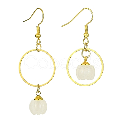 Natural White Jade Pumpkin with Ring Dangle Earrings EJEW-JE05509-02-1