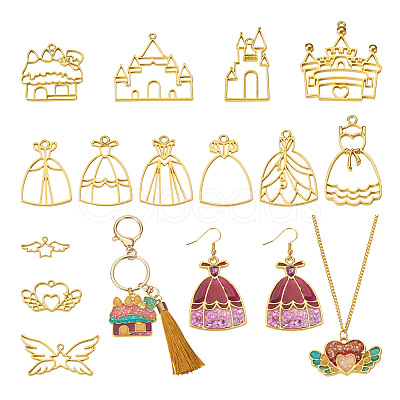 Pandahall 26Pcs 13 Styles Castle & Star Wing & Dress & Heart Alloy Open Back Bezel Pendants FIND-TA0002-93-1