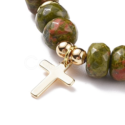 Gemstone Round Beaded Stretch Bracelet with Brass Cross Charm BJEW-JB08097-1