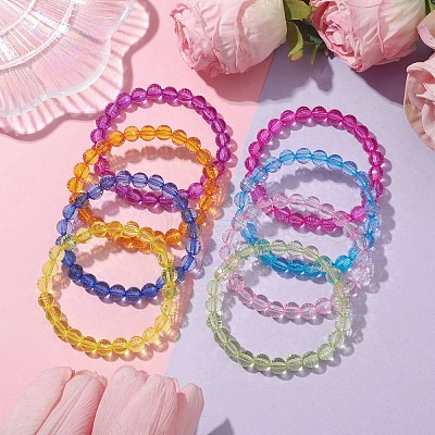 8Pcs 8 Colors 7.5mm Faceted Round Transparent Acrylic Beaded Stretch Bracelets for Women BJEW-JB10248-01-1