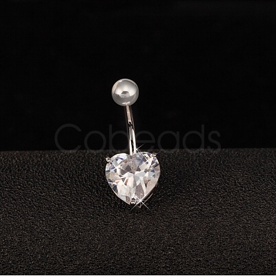 Platinum Plated Body Jewelry Heart Cubic Zirconia Brass Navel Ring Navel Ring Belly Rings AJEW-EE0001-01B-1