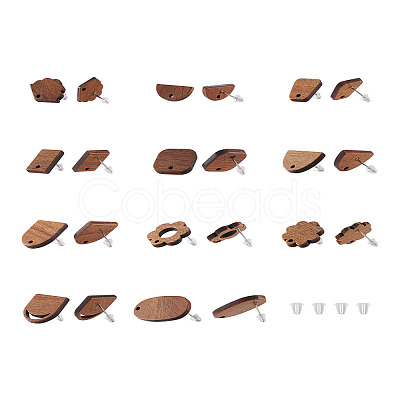 Fashewelry 22Pairs 11 Style Walnut Wood Stud Earring Findings MAK-FW0001-01-1