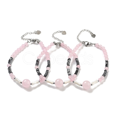 Natural Mixed Stone Round & Synthetic Non-magnetic Hematite & White Shell Beaded Bracelets for Women BJEW-K251-02-1