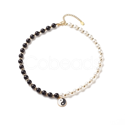 Alloy Eaneml Yin Yang Charm Necklace with Plastic Imitation Pearl Beaded for Women NJEW-JN03913-1