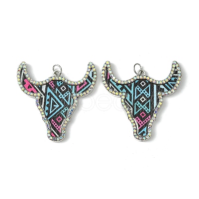 Cattle Head Alloy &  Rhinestone & Imitation Leather Pendants FIND-G069-02P-02-1