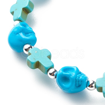 Synthetic Turquoise(Dyed) Cross & Skull Beaded Stretch Bracelet BJEW-JB08452-04-1