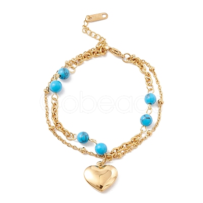 PVD Vacuum Plating 304 Stainless Steel Chain Multi-strand Bracelet with Synthetic Turquoise Beads STAS-P304-05G-1