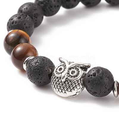 Natural Lava Rock & Tiger Eye Stretch Bracelet with Alloy Beaded BJEW-TA00147-03-1