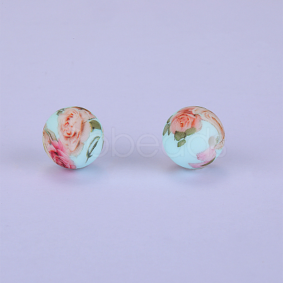 Printed Round with Flower Pattern Silicone Focal Beads SI-JX0056A-156-1