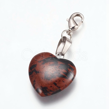 Heart Natural Mahogany Obsidian Pendant Decorations HJEW-PH01132-02-1
