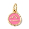 Real 18K Gold Plated Brass Enamel Charms, with Jump Ring, Long-Lasting Plated, Lead Free & Cadmium Free, Flat Round with Libra Charms, Pearl Pink, 10x8x1mm, Hole: 4mm