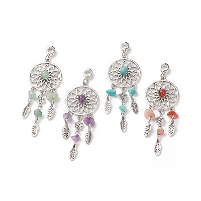 4Pcs 4 Styles Natural & Synthetic Mixed Stone Woven Net/Web with Feather European Dangle Charms PALLOY-TA00007-1