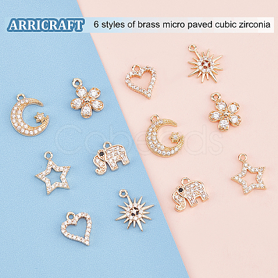 ARRICRAFT 12Pcs 6 Style Rack Plating Brass Micro Pave Cubic Zirconia Charms ZIRC-AR0001-17-1