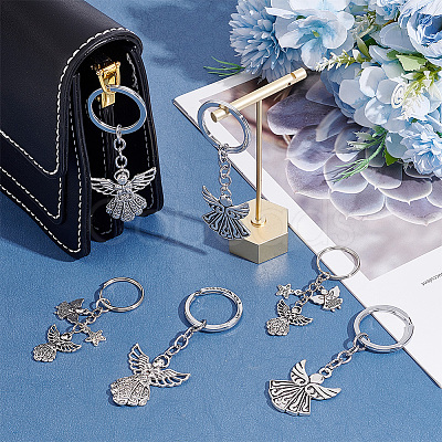 PandaHall Elite 6Pcs 3 Style Angel Wing Tibetan Style Alloy Pendants Keychain KEYC-PH0001-82-1