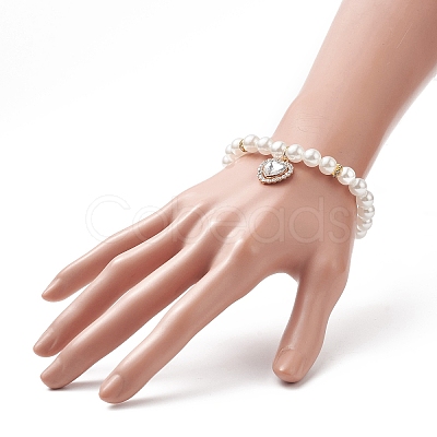 Acrylic Pearl Round Beaded Stretch Bracelet with Alloy Rhinestone Heart Charms for Women BJEW-JB09232-01-1