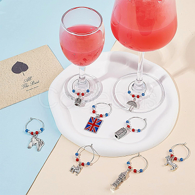 BENECREAT 20Pcs 10 Styles Union Jack & Soldier & Umbrella & Horse & Crown Alloy Dangle Wine Glass Charms with Glass Pearl AJEW-BC0003-10-1