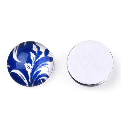 Blue and White Floral Printed Glass Flatback Cabochons X-GGLA-A002-12mm-XX-1