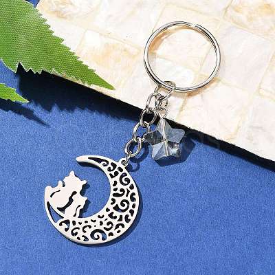 Stainless Steel Hollow Moon Cat Keychains KEYC-JKC00585-02-1