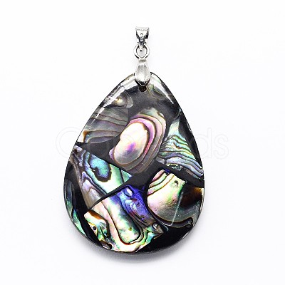 Brass Paua Shell Teardrop Pendants SSHEL-F0006-58-1