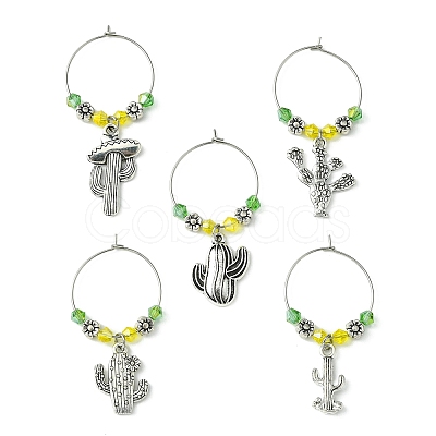 Tibetan Style Alloy Cactus Wine Glass Charms AJEW-JO00236-01-1