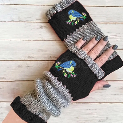 Acrylic Fibers Bird Pattern Knitting Fingerless Gloves PW-WG0606C-01-1