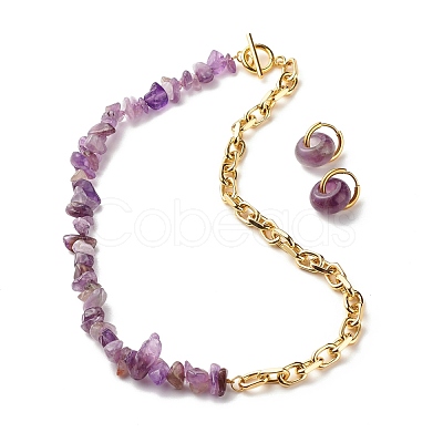 Natural Amethyst Chip Beads Jewelry Set SJEW-JS01223-01-1