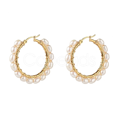 Natural Pearl Beads Brass Hoop Earrings EJEW-JE04565-1